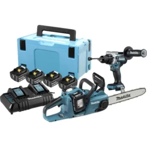 Kit Makita Profissional com Parafusadeira de Impacto, Motosserra, 4 Baterias, Carregador Duplo e Maleta